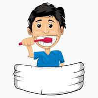 bambino maschio modificabile che si lava i denti illustrazione vettoriale con banner a nastro in stile cartone animato per l'assistenza sanitaria o l'educazione all'igiene personale