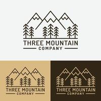 modello di progettazione del logo di tre alberi di pino e montagna vettore