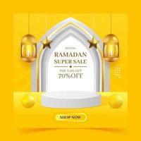 banner sconto grande vendita ramadan kareem con podio vuoto che mostra il modello di post di social media instagram su sfondo giallo vettore