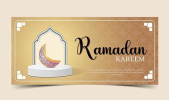 Banner 3d ramadan kareem con luna crescente dorata e podio vettore