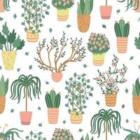 reticolo senza giunte delle piante d'appartamento su bianco. illustrazione vettoriale piatta disegnata a mano. piante in vaso in giardino. ottimo per tessuti, carte da imballaggio, sfondi, copertine.