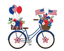 bicicletta patriottica blu scuro con bandiere americane, mazzi di fiori e palloncini nell'illustrazione dei colori nazionali degli Stati Uniti, isolata su sfondo bianco. Biglietto di auguri di design a tema 4 luglio. vettore