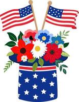 vettore composizione floreale con noi colori nazionali fiori, fogliame, bandiere. isolato su sfondo bianco. ottimo per biglietti di auguri, inviti, banner del 4 luglio.