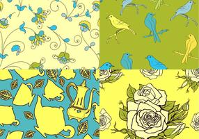 Teatime Bird and Floral Vector Patterns