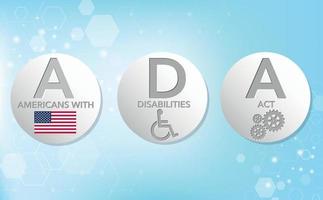 gli americani con disabilità agiscono ada. pulsante di ricerca con bandiera usa, sedia a rotelle, su sfondo blu sfumato. manifesto informativo. illustrazione vettoriale