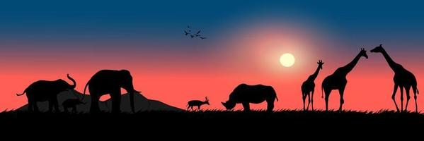 grafica disegno vista paesaggio animali all'aperto elefante cervo rinoceronte giraffa con tramonto a terra per carta da parati sfondo illustrazione vettoriale