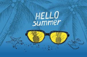 ciao estate, palma, occhiali, ananas. illustrazione disegnata a mano. vettore