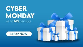 vendita cyber monday con confezione regalo realistica, banner orizzontale di sfondo di vendita per intestazione o sito Web, disegno vettoriale. vettore