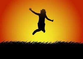 sagome donne che saltano felici con la luce dello sfondo del tramonto, illustrazione vettoriale
