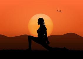 grafica disegno silhouette donne che esercitano allenamento yoga pone con sfondo alba vettore