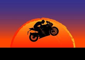 disegno grafico silhouette uomo in sella a una motocicletta e saltare con sfondo tramonto illustrazione vettoriale