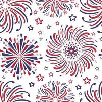 Fondo senza cuciture del modello dei fuochi d'artificio di vettore disegnato a mano. colore rosso e blu della bandiera americana per le esplosioni di fuochi d'artificio del festival del 4 luglio su sfondo bianco