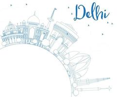 delinea lo skyline di Delhi con edifici blu e copia spazio. vettore