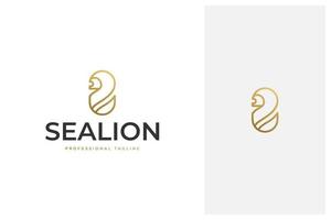 design del logo vettoriale del leone marino di lusso semplice ed elegante minimale in stile contorno arte linea con colore oro