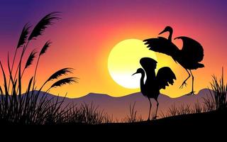 silhouette di uccelli sul tramonto sullo sfondo della natura vettore