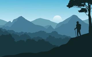 illustrazione vettoriale di montagna e foresta con silhouette di turista