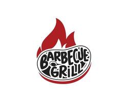 ristorante barbecue - icona logo di barbecue, grill e bar con fuoco, forchetta e spatola per grill. modello di logo barbecue. illustrazione vettoriale