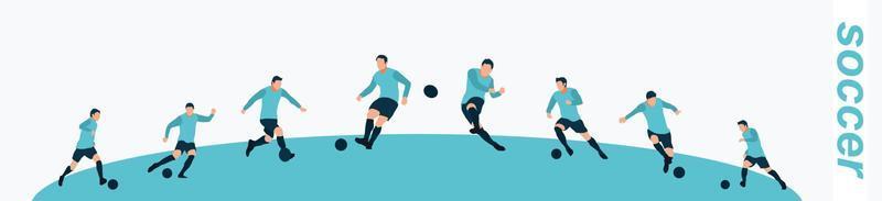 giocatore di calcio, giocatore di football che dribbla e calcia la palla. serie di illustrazioni colorate isolate su bianco vettore