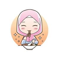 la ragazza musulmana sveglia mangia l'illustrazione disegnata a mano di arte del fumetto dell'alimento delle tagliatelle di ramen halal. stile vettoriale logo mascotte