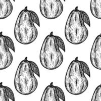 modello vettoriale senza giunture di avocado. frutta intera del giardino su un ramo con una foglia. schizzo di cibo tropicale in bianco e nero disegnato a mano. contorno monocromatico di verdura fresca. stile di incisione