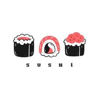 involtini di sushi in stile doodle con testo di sushi. design del logo. illustrazione di cibo giapponese isolato vettoriale. vettore