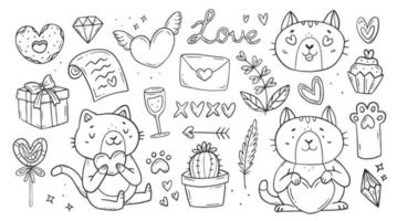 set di doodle di amore disegnato a mano. raccolta di elementi d'amore. gatti con il cuore. San Valentino. illustrazione di amore isolata vettoriale. vettore