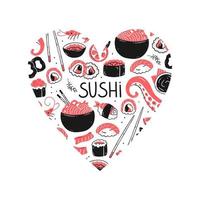 cucina sushi giapponese. elementi della cucina asiatica a forma di cuore. amo il concetto di menu sushi.sushi. illustrazione di cibo vettoriale. vettore