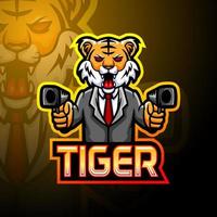 disegno della mascotte del logo esport della pistola della tigre vettore