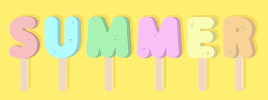 lettere di gelato estivo sui bastoncini di legno. dessert congelato colorato con gocce d'acqua. disegno vettoriale. vettore