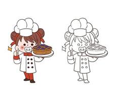 ragazza carina giovane chef sorridente e in possesso di una torta di mirtilli illustrazione di arte vettoriale cartoon