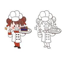 ragazza carina giovane chef sorridente e in possesso di un pezzo di torta di mirtilli.illustrazione di arte vettoriale cartoon