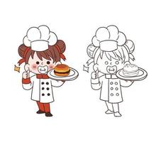 ragazza carina giovane chef sorridente e in possesso di un piatto di burger.cartoon illustrazione arte vettoriale