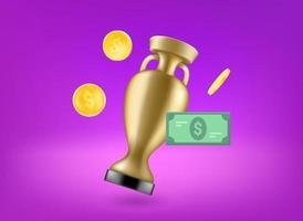 trofeo d'oro con banconote e monete. illustrazione vettoriale 3d
