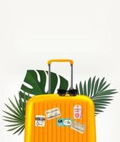 valigia da viaggio e foglie di palma. concetto di viaggio estivo. Banner vettoriale 3d con spazio di copia