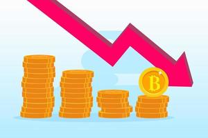 il bitcoin caduto nel prezzo che vola giù sulla freccia rossa. bitcoin in bancarotta. illustrazione modello vettoriale piatto