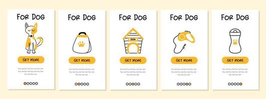 screenshot del negozio di animali e dell'applicazione mobile. modello vettoriale banner menu per lo sviluppo di siti Web e app. modelli di negozi di animali per il negozio. modelli per cani.
