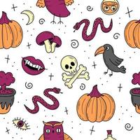 modello senza cuciture con elementi per halloween. oggetti mistici spaventosi. gatti, zucche, fantasmi, pozione. illustrazione in stile scarabocchio vettore