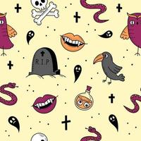 modello senza cuciture con elementi per halloween. oggetti mistici spaventosi. gatti, zucche, fantasmi, pozione. illustrazione in stile scarabocchio vettore