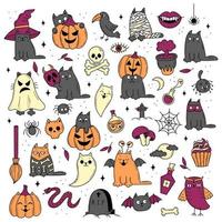 insieme di elementi per halloween. oggetti mistici spaventosi. gatti, zucche, fantasmi, pozione. illustrazione in stile scarabocchio vettore
