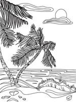 spiaggia soleggiata con palme e oceano, libro da colorare illustrazione vacanza al mare vettore
