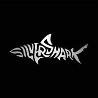 parola stilizzata a forma di squalo d'argento, elemento di design per logo, poster, carta, banner, emblema, maglietta. illustrazione vettoriale