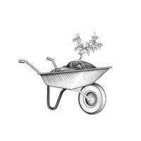 carrello da giardino con humus e piante. incisione a carriola. segno di cura del giardinaggio. fase di fioritura floreale vettore