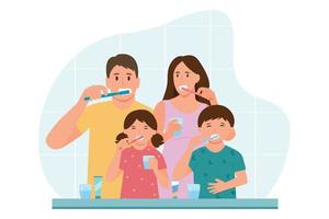 la famiglia si lava i denti insieme. famiglia felice con gli spazzolini da denti in bagno. igiene dentale di routine quotidiana. illustrazione vettoriale. vettore