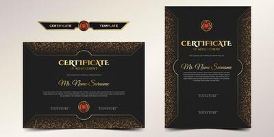 certificato nero e oro modello di confine di realizzazione con badge di lusso e motivo dorato vettore