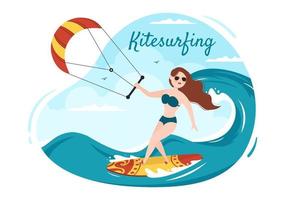 kitesurf estivo di attività sportive acquatiche fumetto illustrazione con guida di un grande aquilone su una tavola in stile piatto vettore