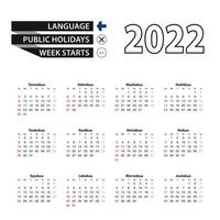 Calendario 2022 in lingua finlandese, la settimana inizia da domenica. vettore