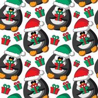 modello vettoriale senza soluzione di continuità con simpatico cartone animato pinguino in cappello di Natale con confezione regalo