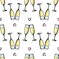 bicchieri di champagne seamless doodle pattern. ciao illustrazione vettoriale su sfondo bianco. biglietto di auguri di San Valentino, poster per la celebrazione dell'anniversario