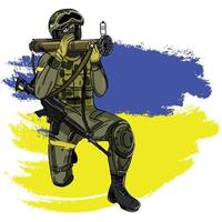 soldato ucraino con un lanciagranate anticarro, rpg sullo sfondo della bandiera ucraina, illustrazione del fumetto vettoriale. forze di terra dell'ucraina vettore