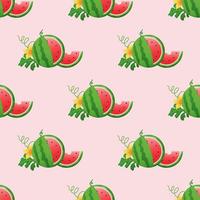 sfondo di anguria e motivo senza cuciture, design piatto di foglie verdi e illustrazione di succo di fiori e anguria, concetto di frutta fresca e succosa di cibo estivo. vettore